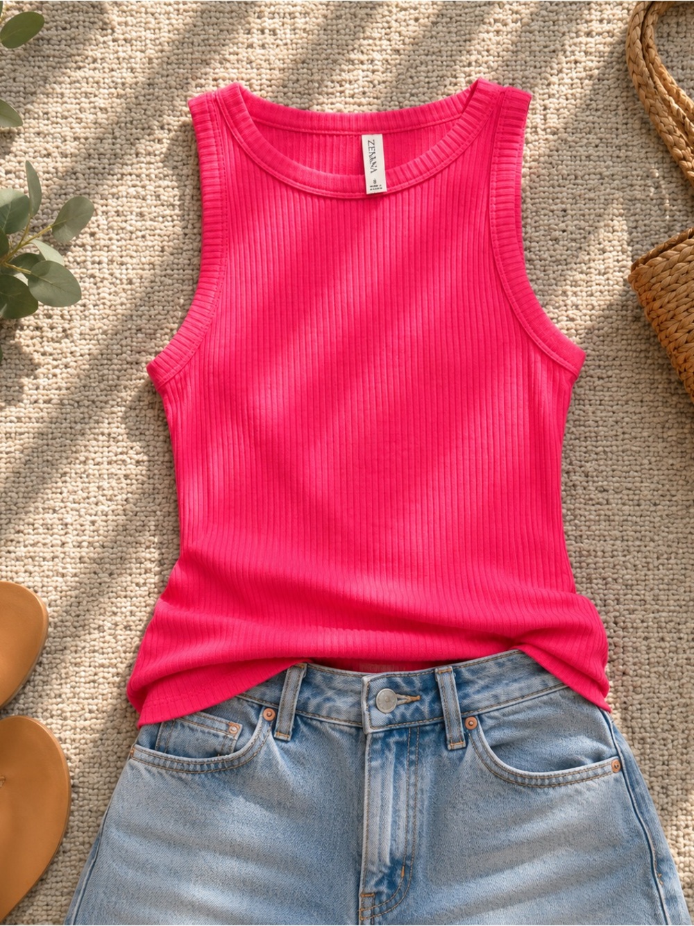 Zenana Hot Pink Ribbed Tank Top